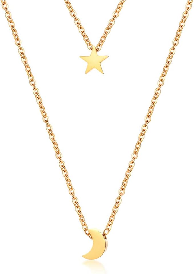 rockyu 分层星星月亮项链女士不锈钢链 40.