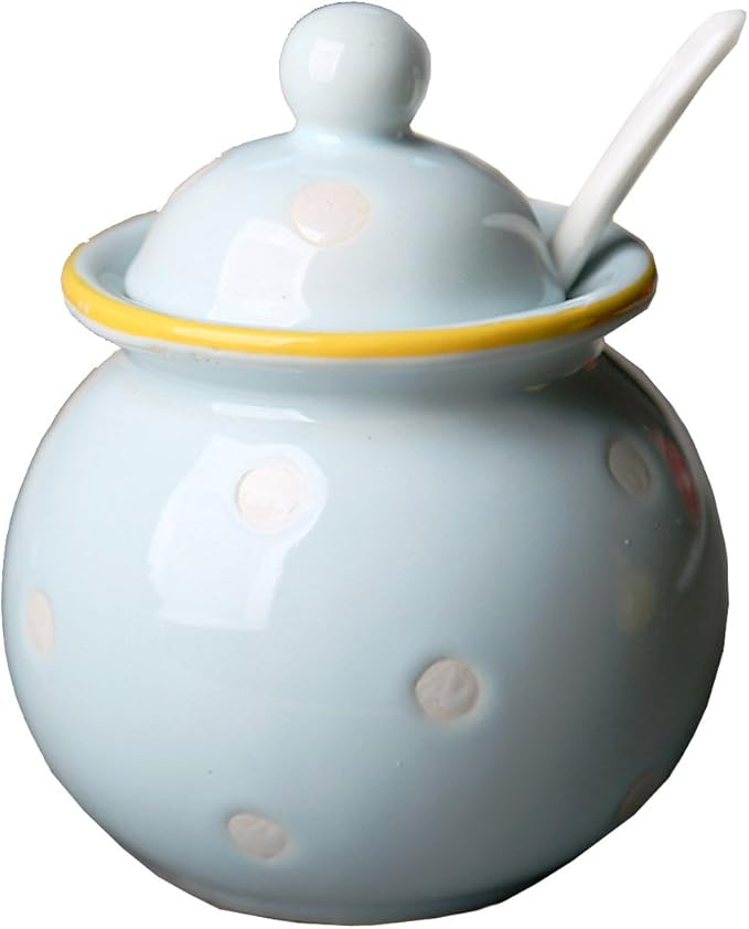 ceramics dot sugar 盐胡椒存储罐带盖和勺子 蓝色 不含