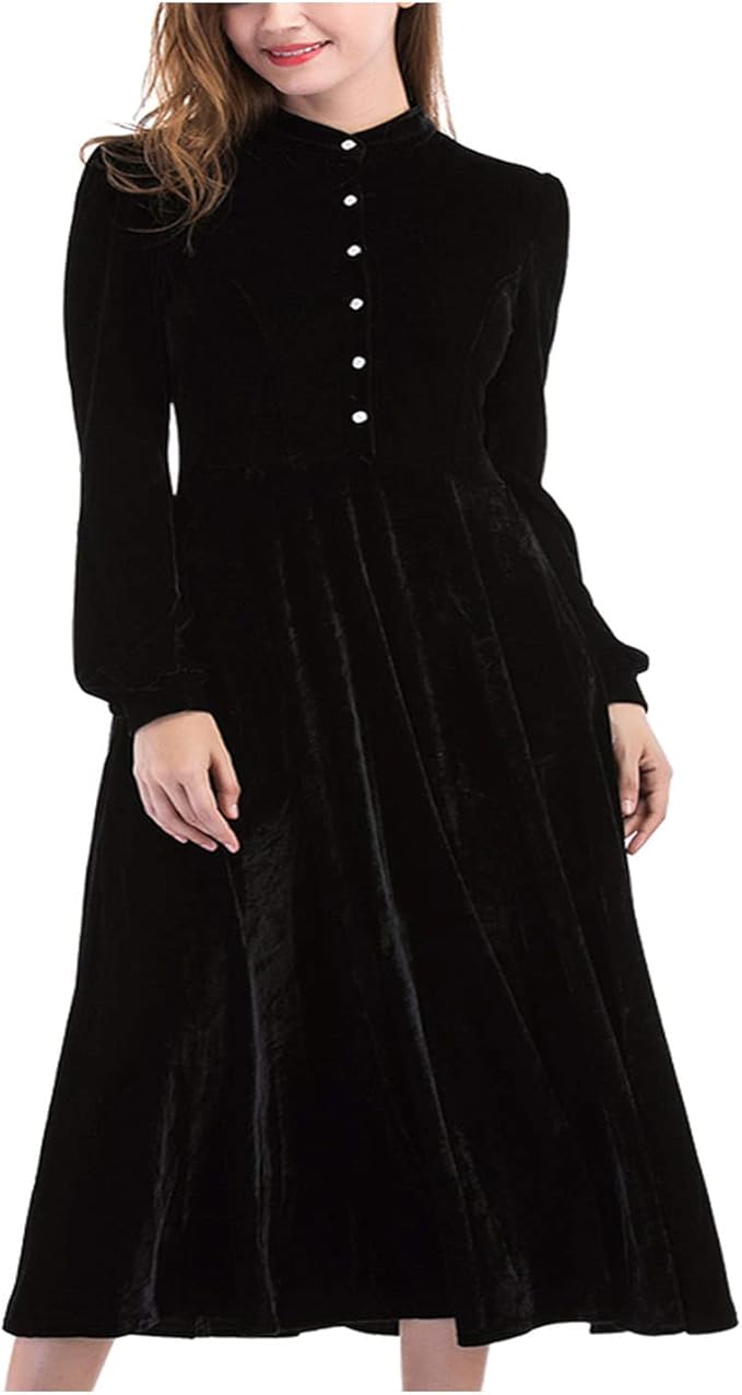 pan collar long sleeve ribbed velvet dress loose black dress