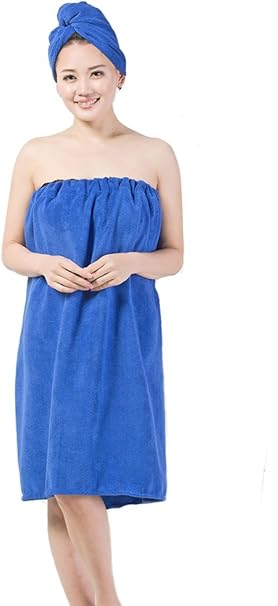 女式柔软舒适丝绒胸弹性浴巾浴巾浴巾海滩泳衣披肩浴衣绒浴袍spa 罩适合女士女孩 及膝长度 搭扣blue With Dry Hair Hat Fakeface