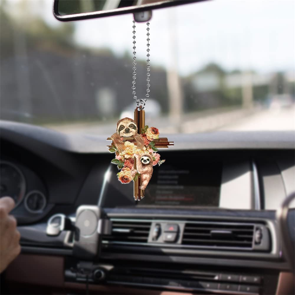 OEME Cross Sloth Car Hanging Ornament, Flower Animal Car mirror pendant, Cross Home Window Wall Door Ornament (8.89 x 8.89 cm)