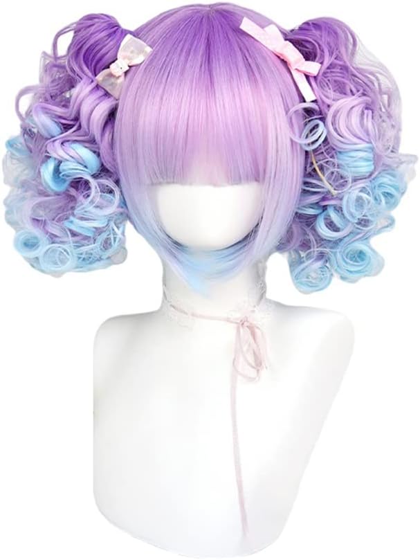 原宿女孩洛丽塔蓝紫色渐变假发短直卷发可拆卸双马尾辫角色扮演长假发