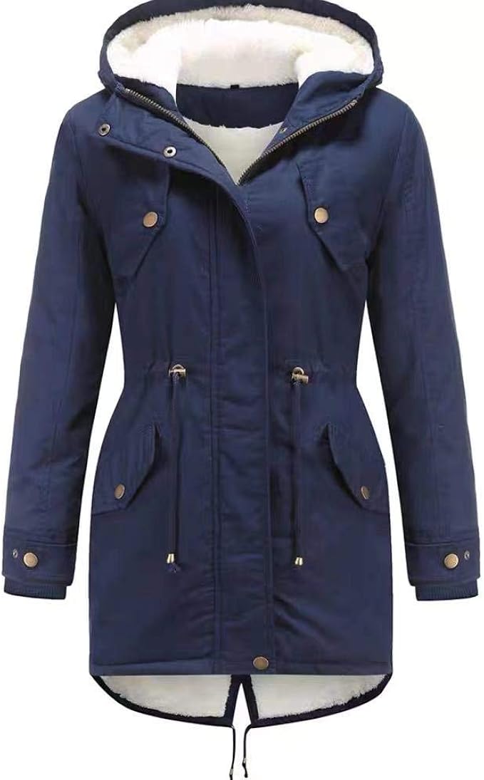 zomihoyang女式保暖外套连帽夹克大衣纯色加厚抽绳腰夹克长款棉豌豆