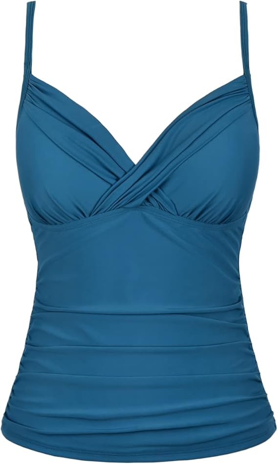 hilor 女式分体式泳衣上衣褶皱泳衣收腹泳装交叉包裹 v 领泳衣上衣