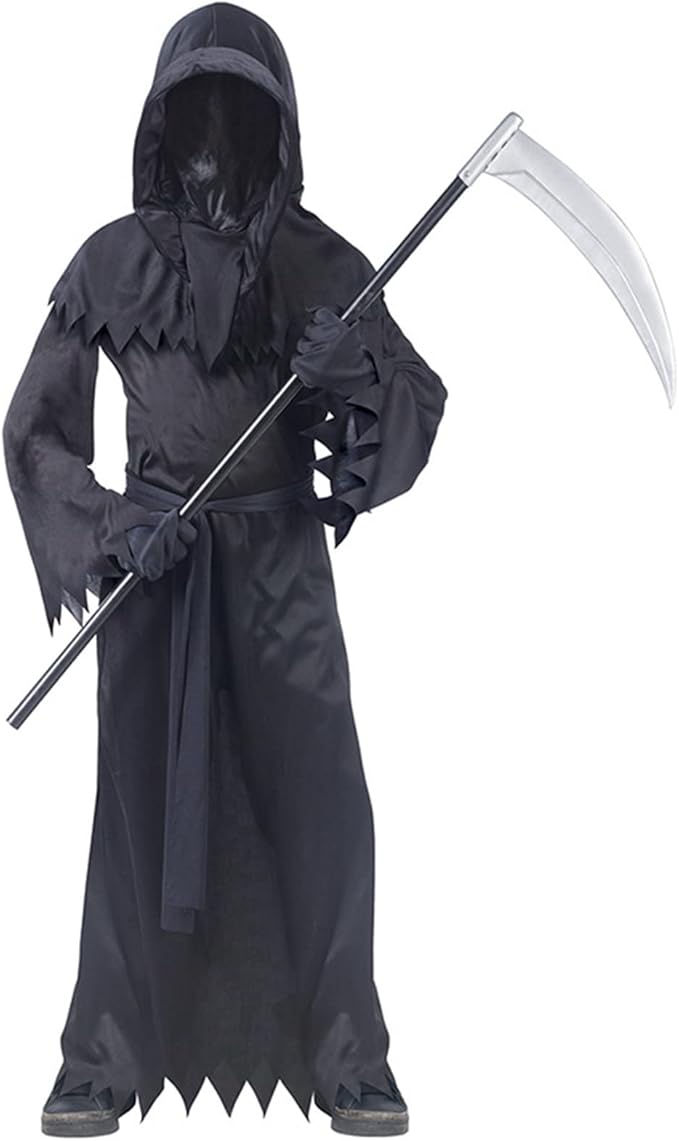 儿童死神服装套装女孩男孩恐怖死亡礼服长款长袍头套黑色手套套装万圣
