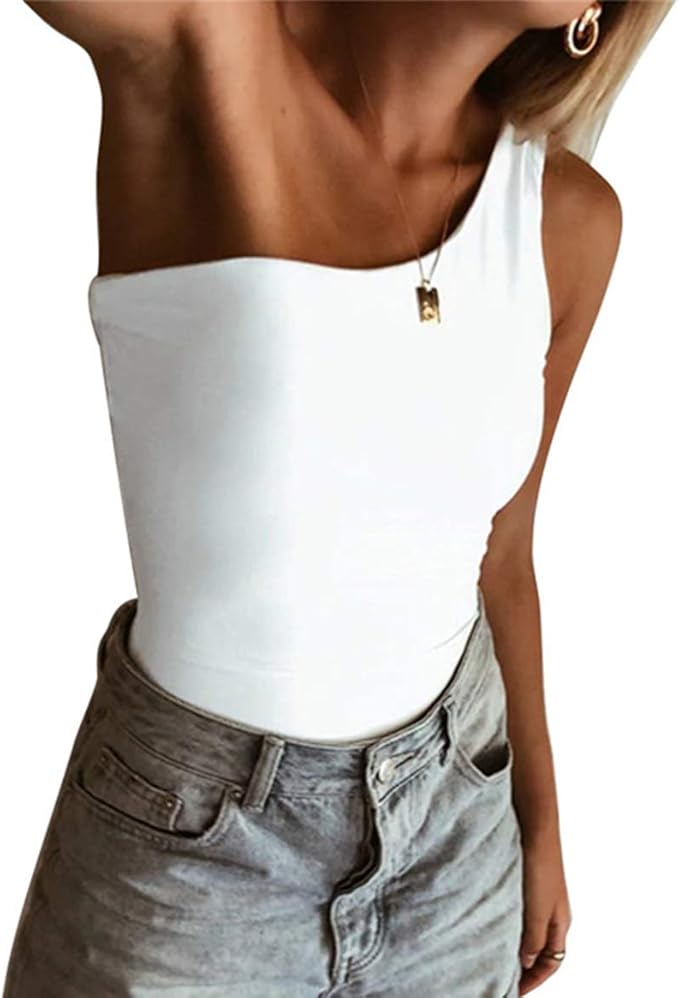 primoda 女式性感单肩紧身衣基本款无袖夏季紧身连衣裤上衣