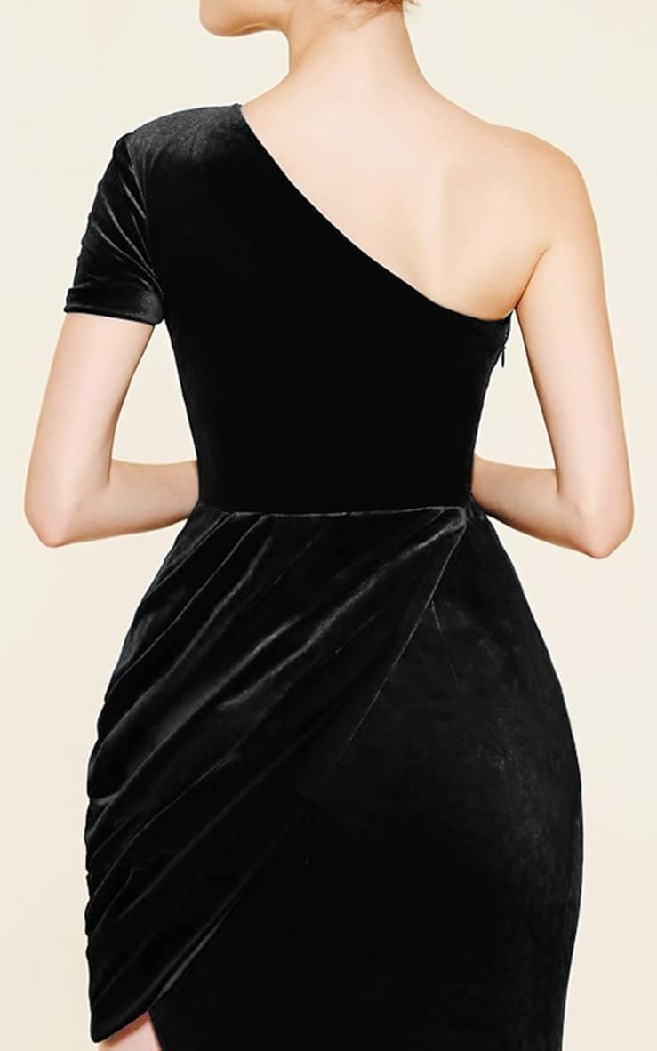 lvow 女式性感高开叉紧身超长晚礼服单肩长袖天鹅绒礼服婚礼正式礼服