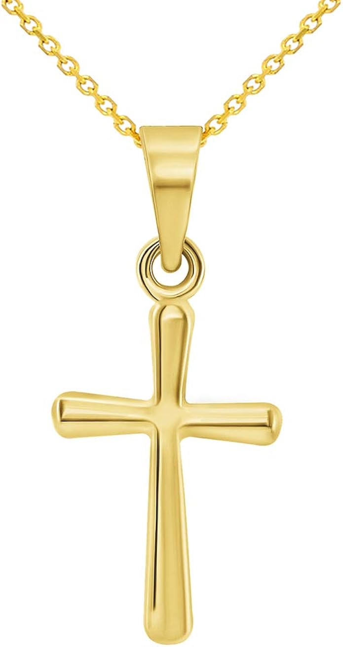 14k 黄金抛光精致迷你宗教纯色简约十字架吊坠项链
