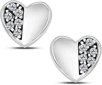 小巧可爱半心形爱白色方晶锆石 14k 白金镀金耳钉 女式
