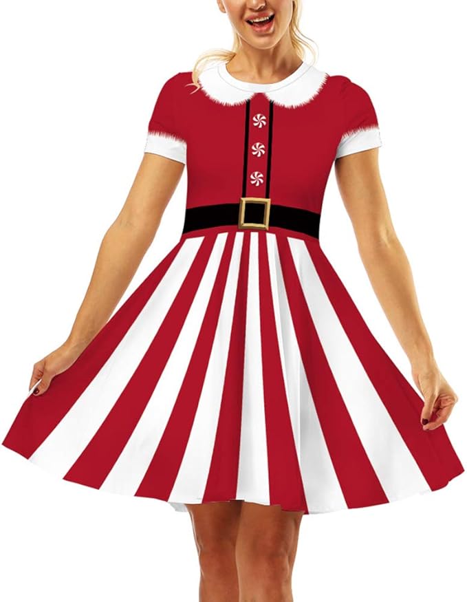 ainuno 圣诞丑礼服女式红色*印花圣诞节礼服