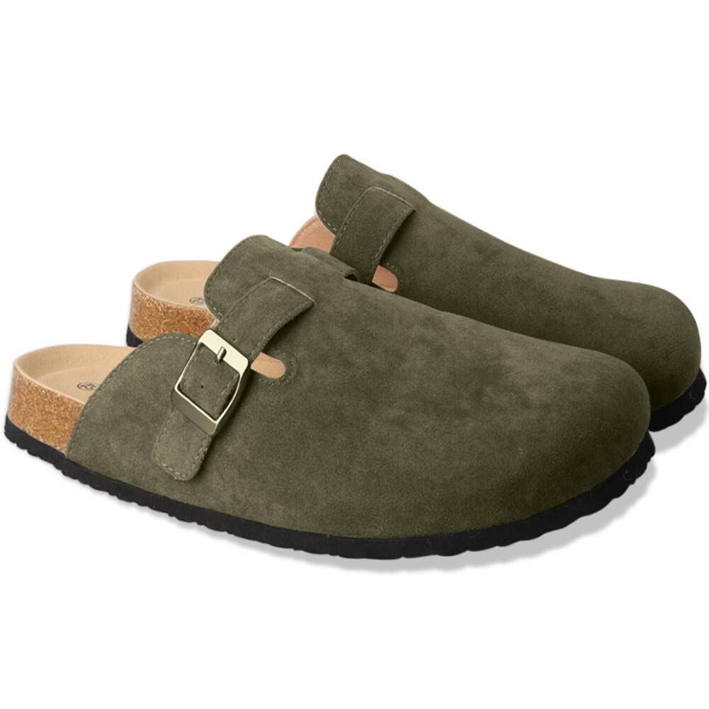 SATUSTA Women's Classic Boston clogs Suede Soft leather Soft wood clogs Non-slip soles Slipper Waterproof Muggles Home Sandals with arch support and adjustable buckle for both men and women