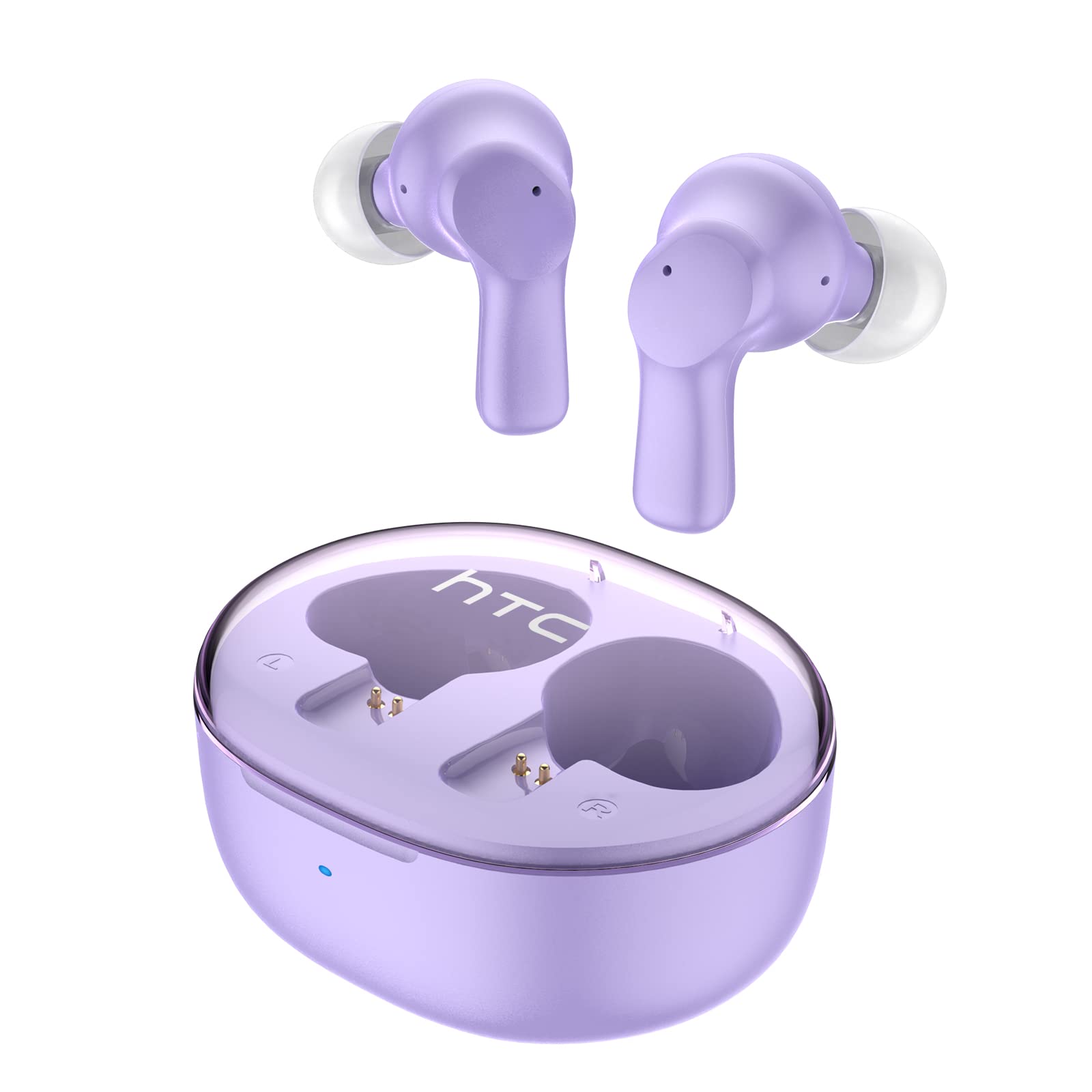 HTC 2022 True Wireless Earbuds 1 Bluetooth 5.1 headphones, in-ear headphones ENC noise cancelling with transparent charging case,32 hours playback time/built-in microphone/touch control - Crystal purp