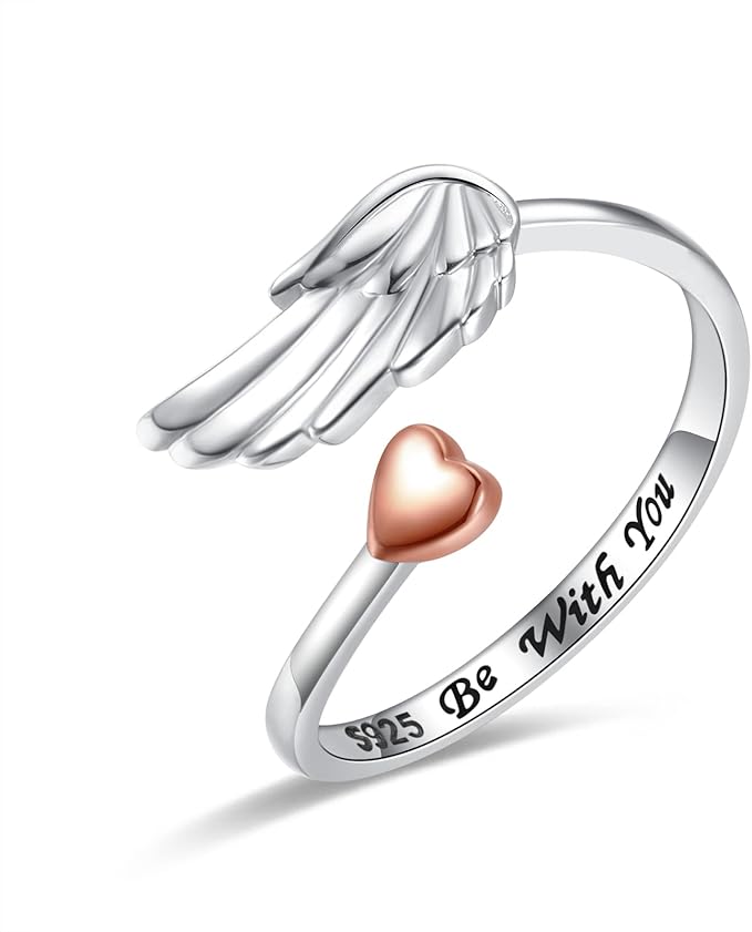 925 纯银天使之翼戒指可调节守护天使羽毛心形戒指与你一起佩戴的珠宝