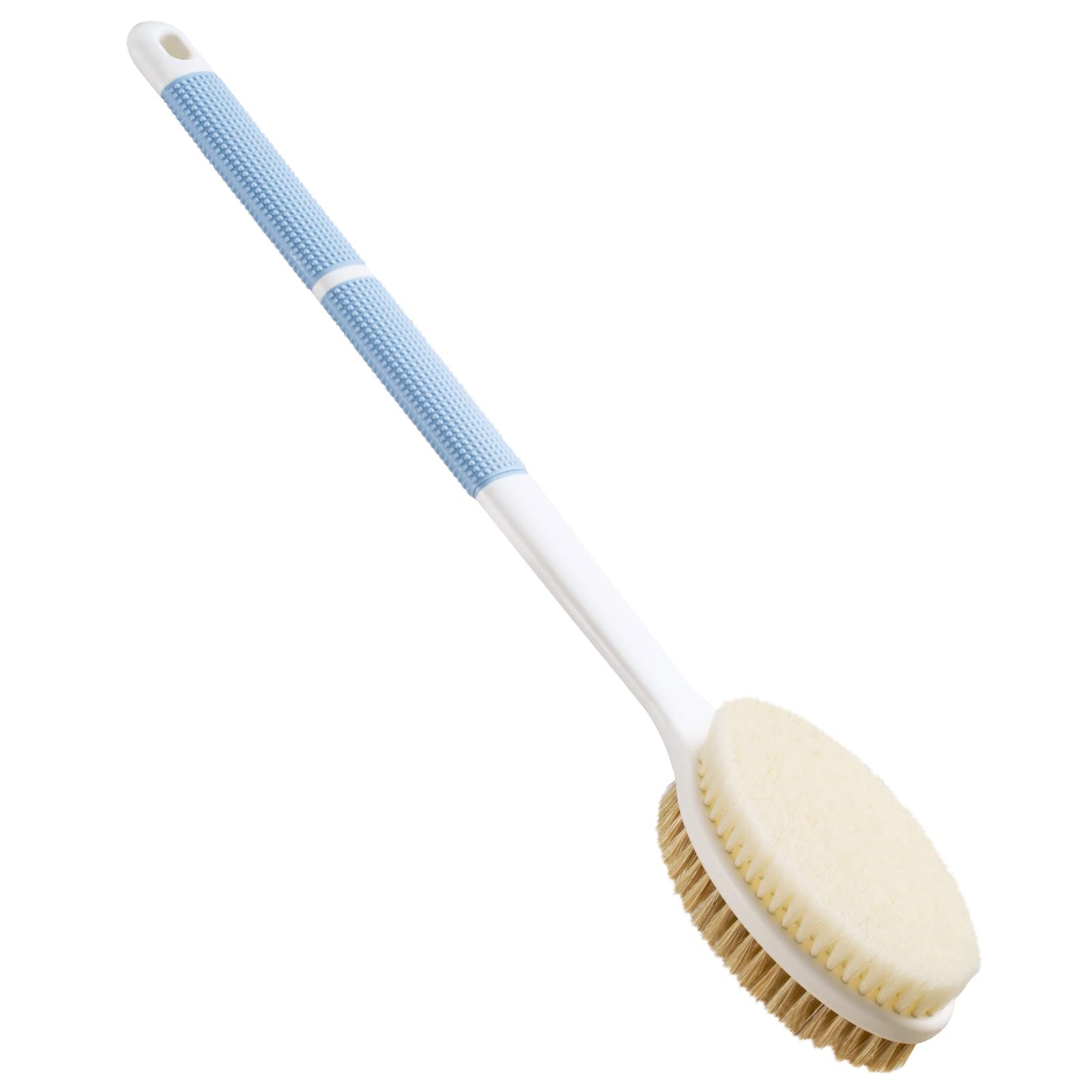 Back scrubber non-slip long handle for showers, double-sided rear brush with hard and soft bristles, body exfoliator for bathing or dry brushing.