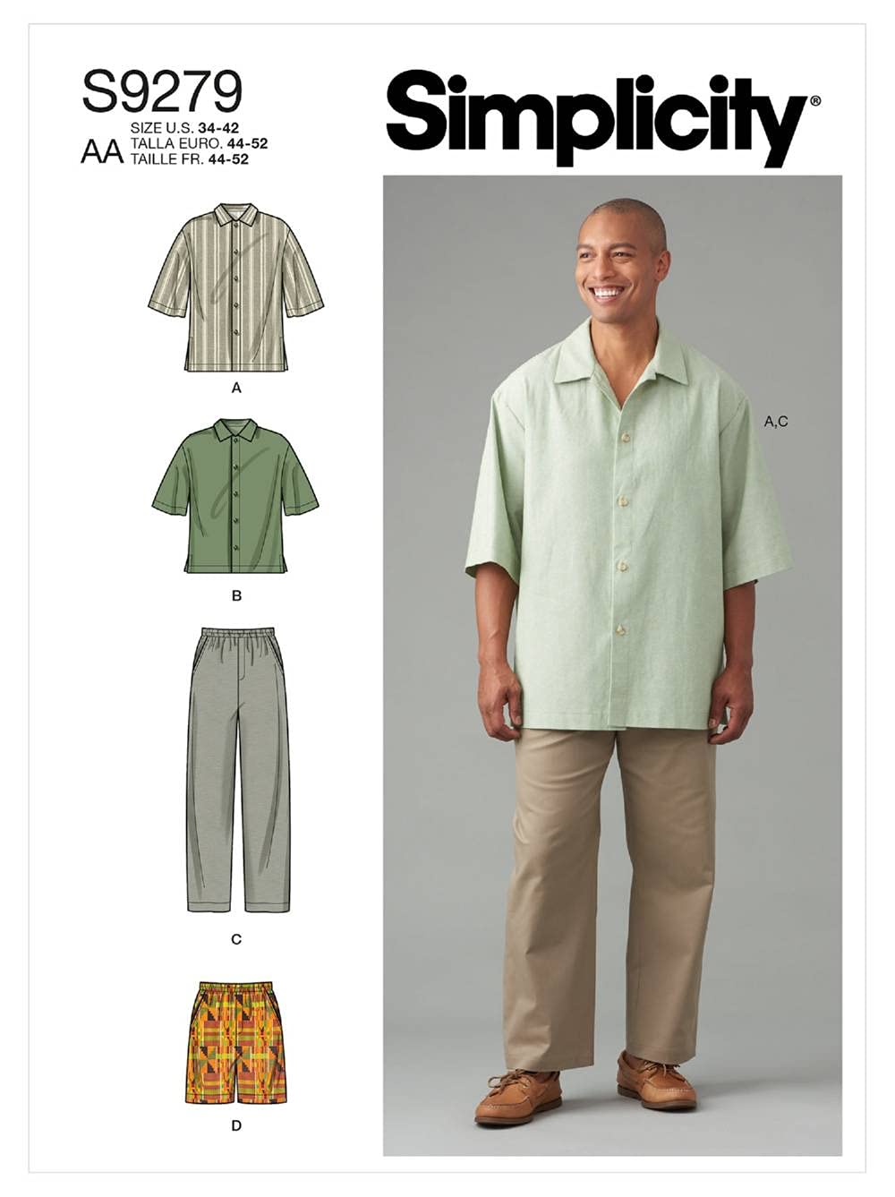 Simplicity Men's slim shirt and tapered shorts or pants bag,Code 9279 sewn pattern, sizes 44-52, white