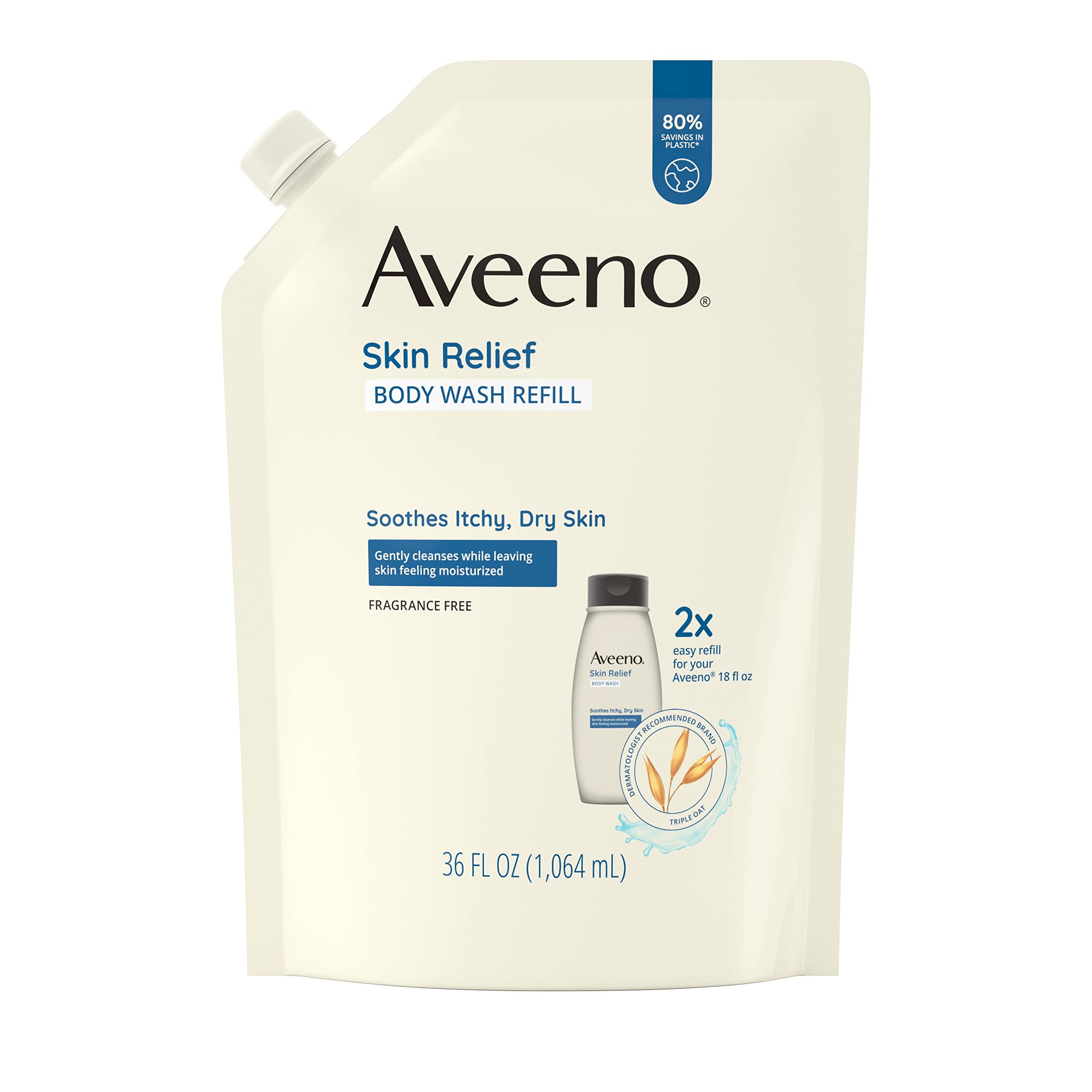 Aveeno Skin Soothing Body Wash, Fragrance-free, Refill, 6 fluid ounces (064 ml)