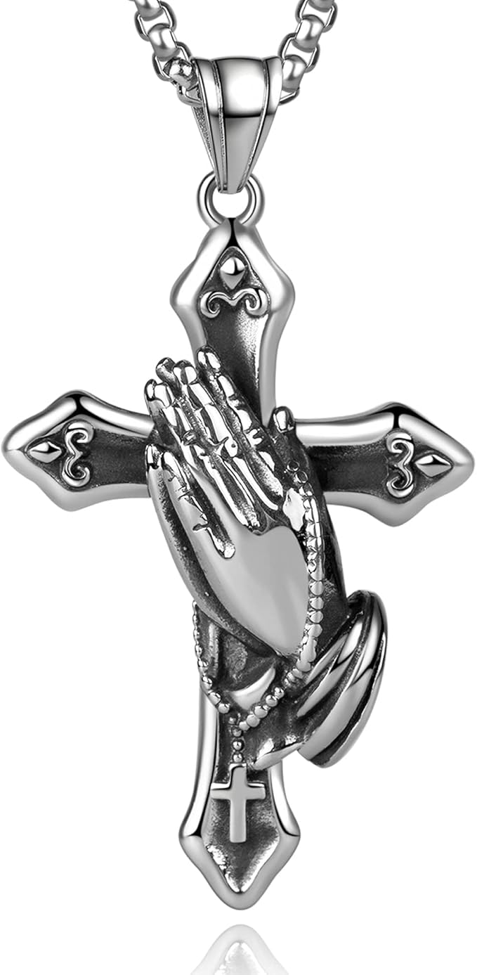 kazele 复古祈祷十字架不锈钢吊坠项链祈祷手项链 60.96 厘米链