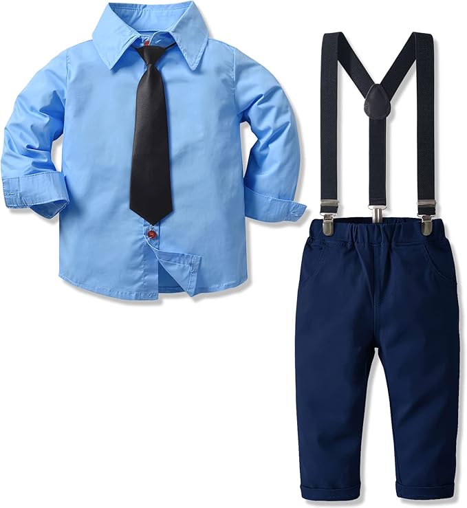 幼儿男孩服装正式套装棉质衬衫   领结   背带裤 4 件套婴儿绅士服装 