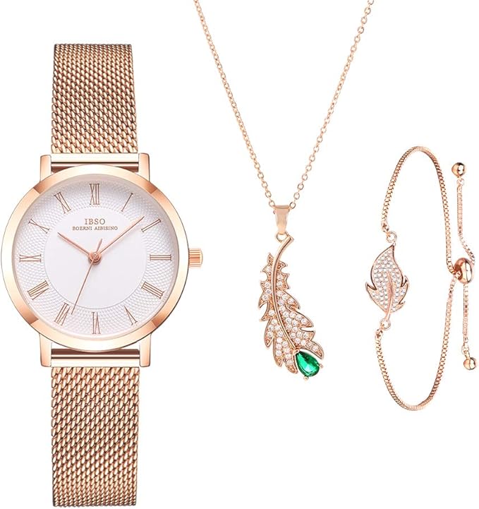 女式手表套装 石英腕表 首饰礼品套装 项链 手镯 情人节礼物 不锈钢表