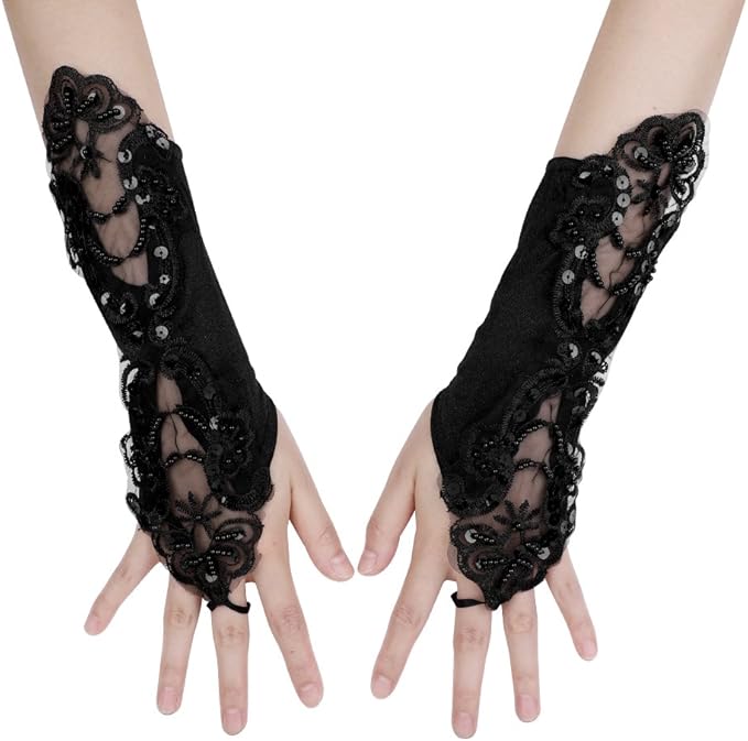 女士新娘蕾丝手套长款无指缎面婚礼手套宴会表演派对手套特殊场合配件
