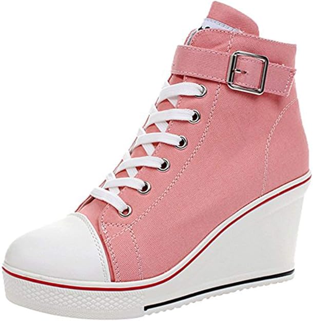 allinnine 女式运动鞋高跟时尚帆布鞋高筒系带坡跟拉链斜角鞋尺码 4
