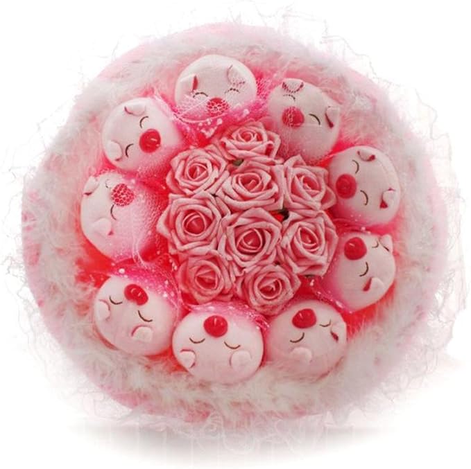 回至9只猪猪9朵玫瑰花卡通公仔花束 生日礼物送女友女生 (9只猪猪9朵