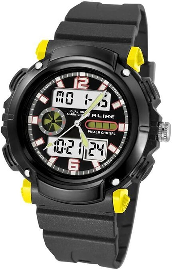 alikeak1166模拟数字双显示器电子手表运动50米防水手表黄色