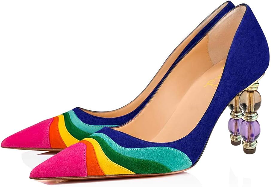 fowt 女式彩虹色条纹粗跟中跟单鞋尖头办公室派对礼服鞋 4-16 美国