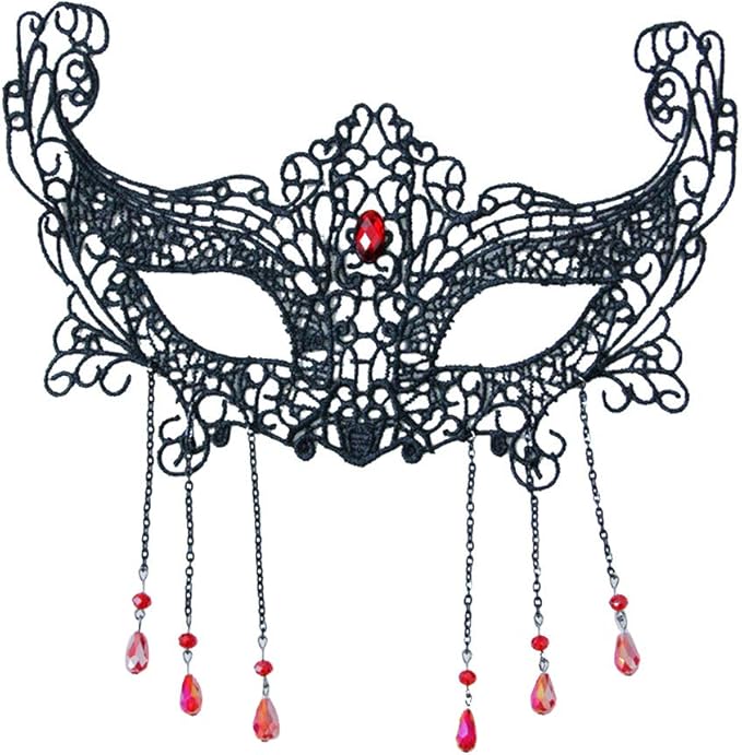 女式蕾丝面具半面罩带水晶吊坠,适用于万圣节夜店化妆舞会派对装饰