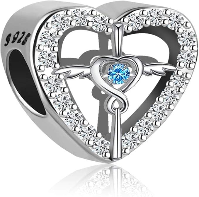 lifequeen 925 纯银心形十字架天使翅膀吊坠 万圣节间隔珠 适用于手链