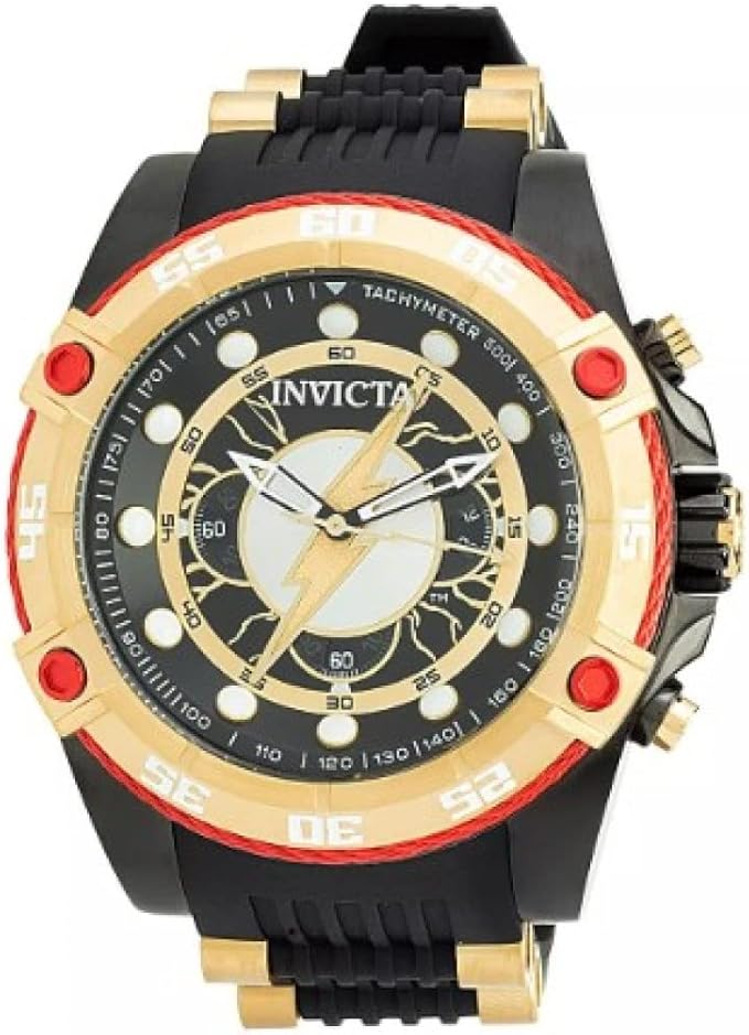 37384 dc comics flash 系列黑色/金色表盘黑色硅胶表带男式手表