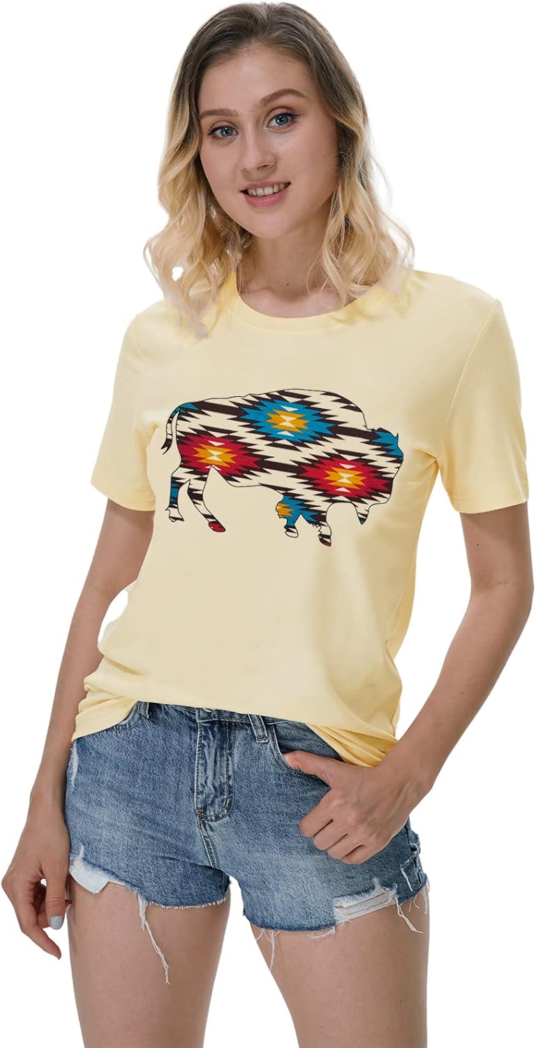 gemlon 女式 复古 t 恤 阿兹特克牛图案 t 恤 西部牛仔女衬衫 夏季