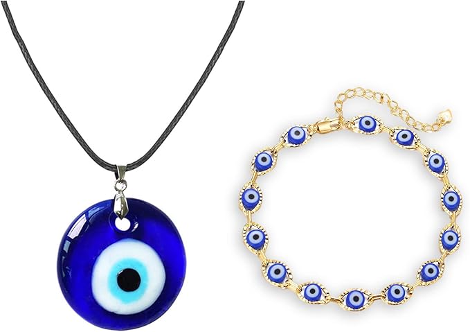 2 件邪眼项链手链套装蓝色玻璃土耳其项链女式邪眼链手链珠宝