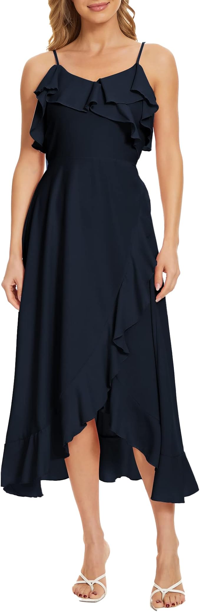 belongsci 女式细肩带褶皱长裙花卉无袖高低夏季沙滩派对婚礼长裙