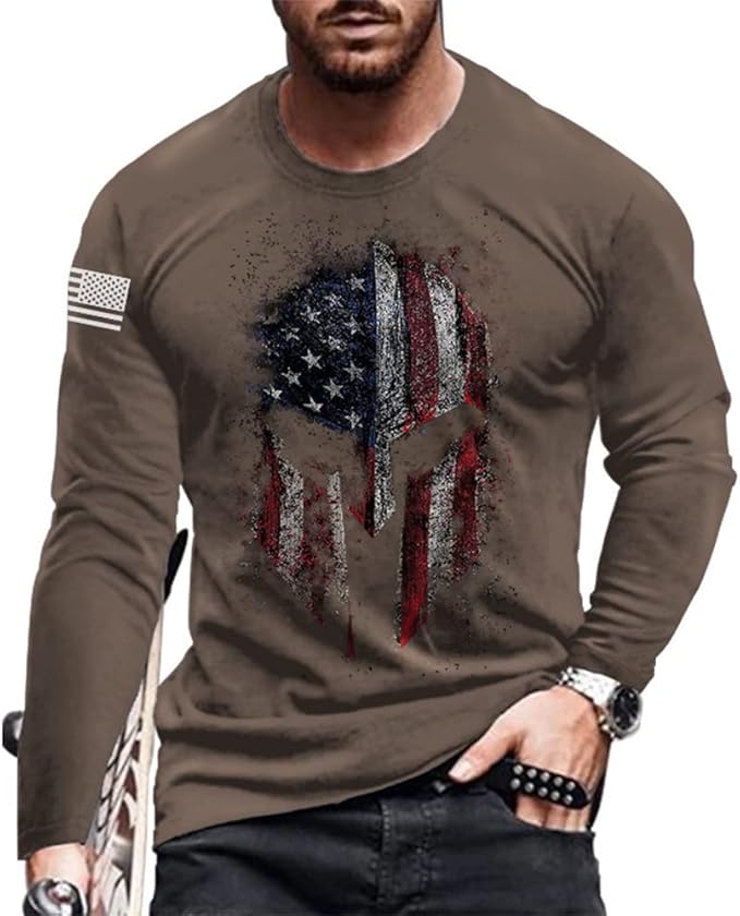 nhicdns t 恤男士独立日*美国国旗长袖休闲斯巴达头盔印花 t 恤
