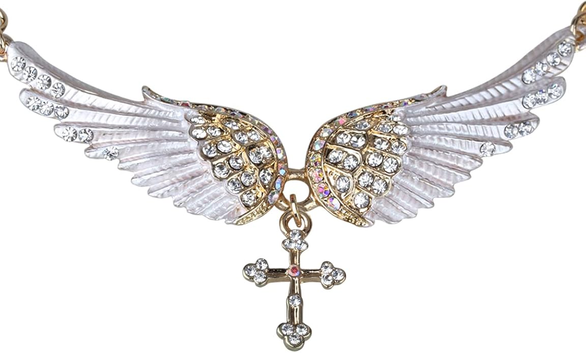szxc jewelry 女士水晶守护天使翅膀十字架吊坠项链 45.72 cm 5.08 cm