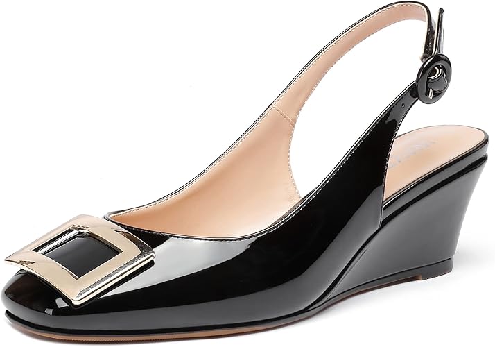 wayderns 女式方头露跟女鞋 *金属矩形扣坡跟低跟