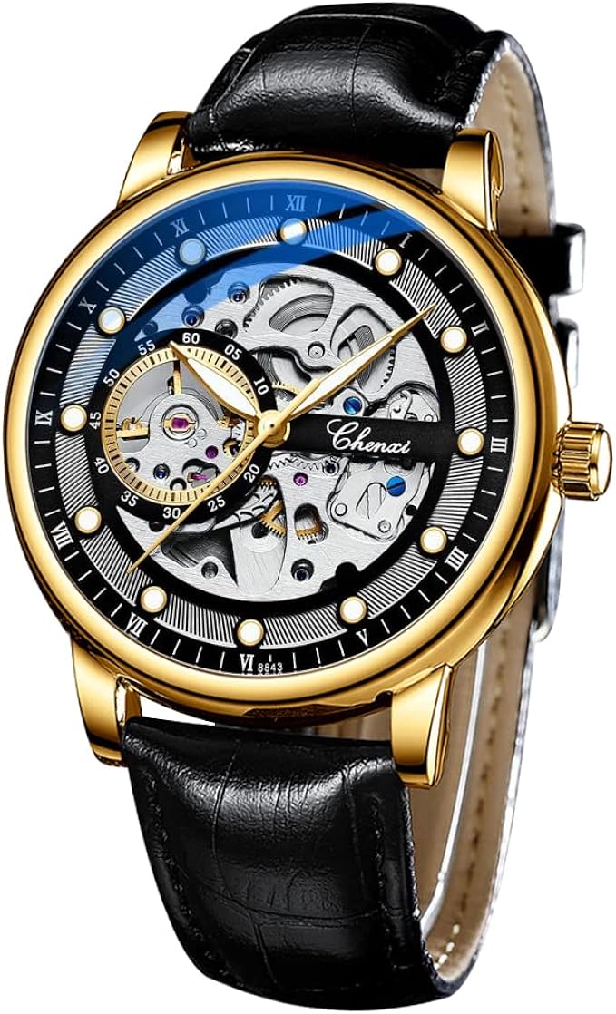 男士自动机械手表银色黑色自动手表男士运动皮革表带手表自动上链手表