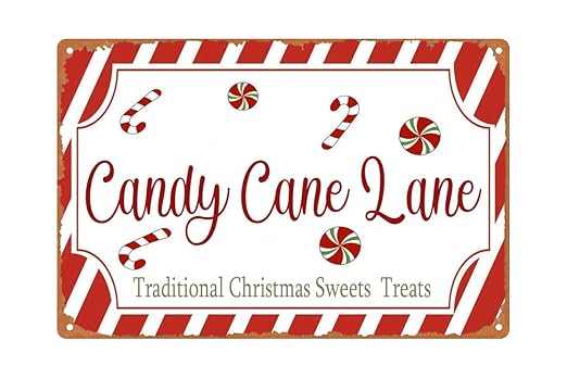candy cane lane 复古金属锡标牌传统圣诞糖果和零食标志打印墙艺术
