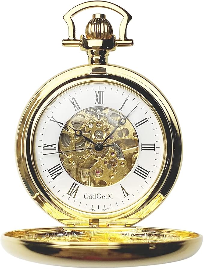 gadgetm 男式金色半双猎人 17 宝石机械怀表 白色罗马镂空表盘配配套