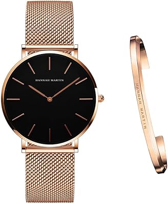 hannah martin 女式石英手表,女孩优雅不锈钢表带腕表和手链套装