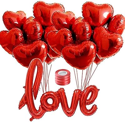 lumeiy love 气球套装 - 21 件红色爱心气球,心形铝箔气球带丝带,适合