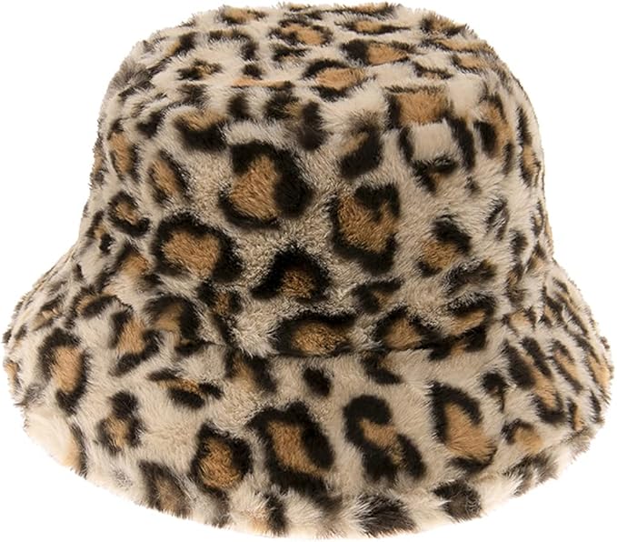 豹纹印花人造毛皮渔夫帽,毛绒黑白动物条纹保暖羊毛渔夫帽,男女适用