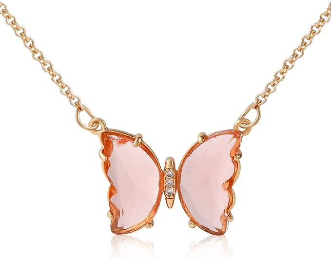 蝴蝶珠宝独立项链女士女孩 14k 镀金精致薄链可爱吊坠水晶吊坠项链