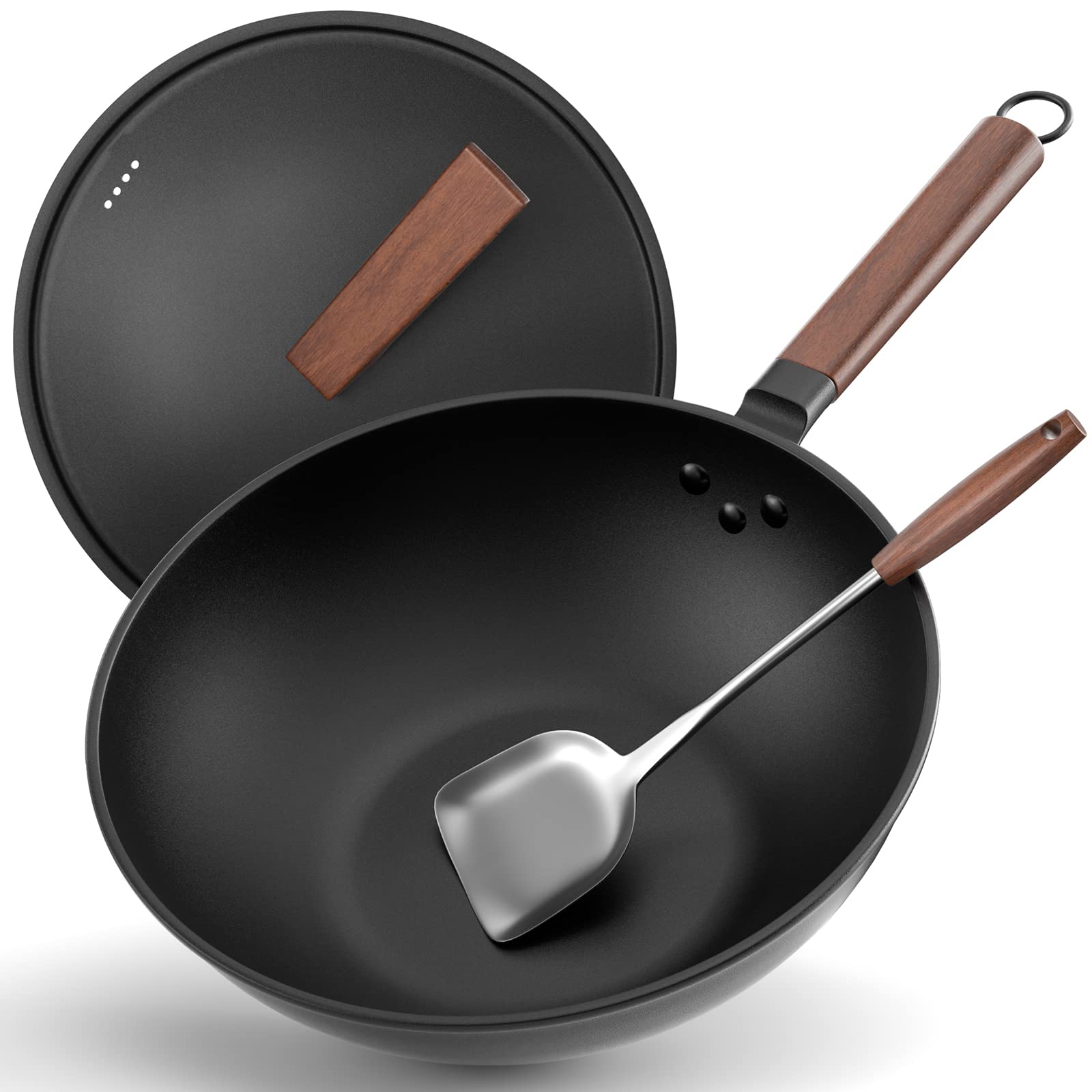Todlabe Non-stick wok, inch carbon steel wok with lid wok and wok without chemical coating Wok with scraper Pan cooker Chinese wok, suitable for induction cooker, electric stove, gas, halogen, all sto