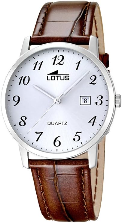 lotus 男式石英手表,银色表盘模拟显示和棕色皮革表带 18239/2