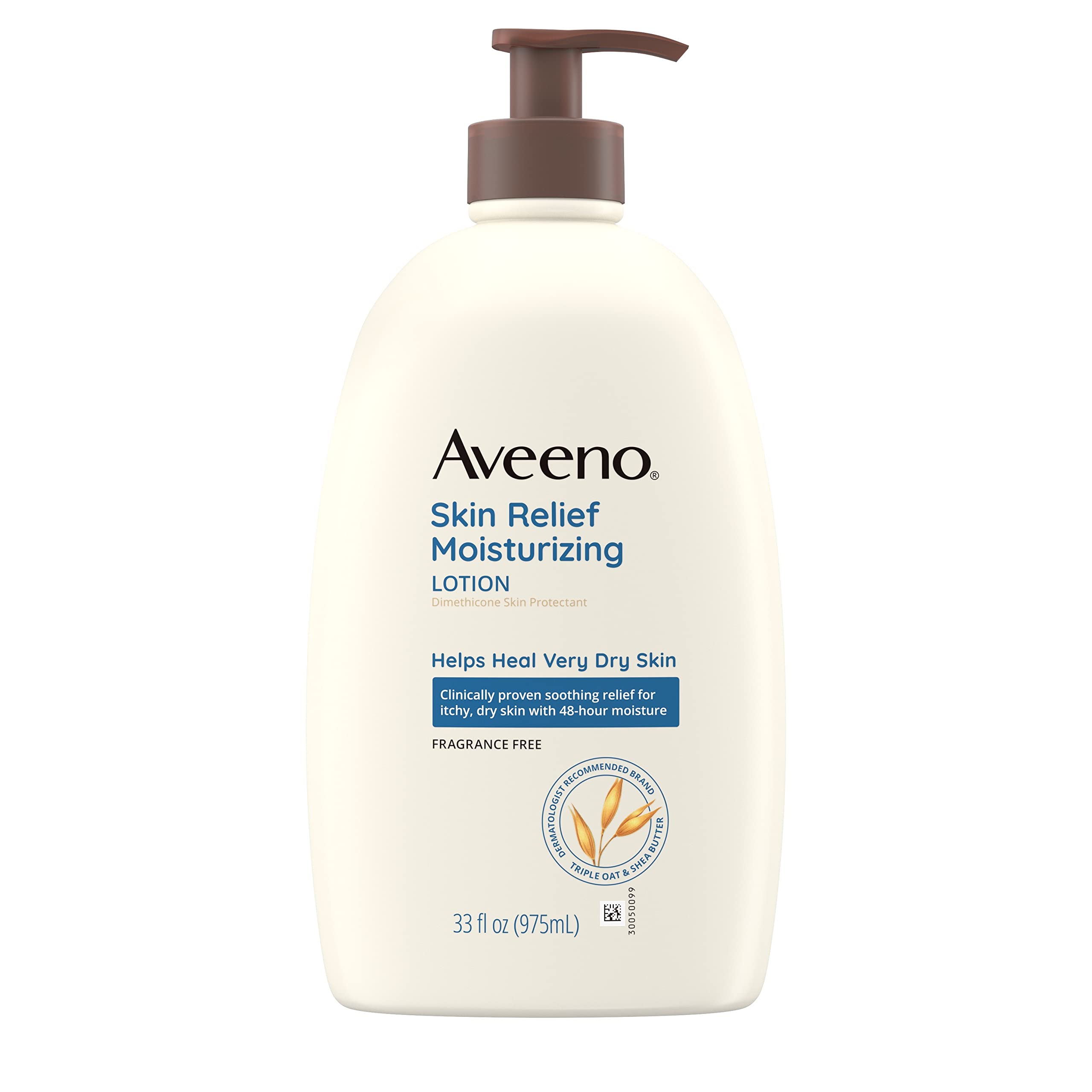 Aveeno 4-Hour Moisturizing Lotion, Skin Relief, for Sensitive Skin, Natural shea Butter and Triple Oat Complex, Fragrantless Lotion for ultra-dry, itchy skin, oz., 975 ml (bottled)