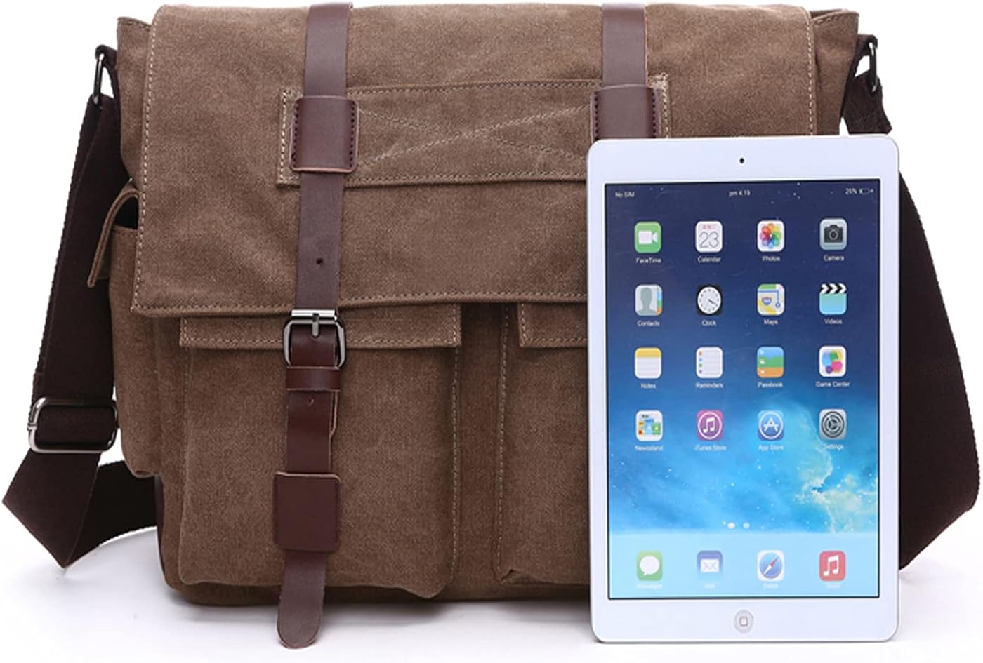 iblue 男士超大号帆布斜挎包,复古皮革饰边单肩包笔记本电脑挎包斜