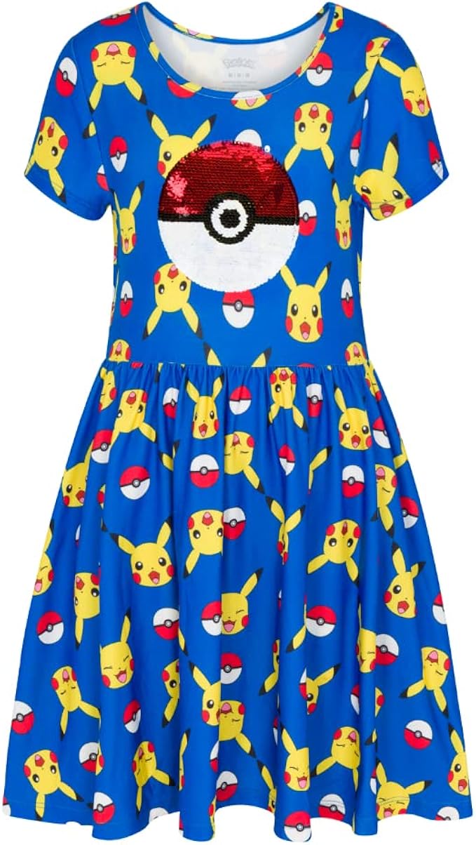 pokemon 精灵宝可梦女孩连衣裙搭配皮卡丘亮片,适合小女孩和大女孩 4