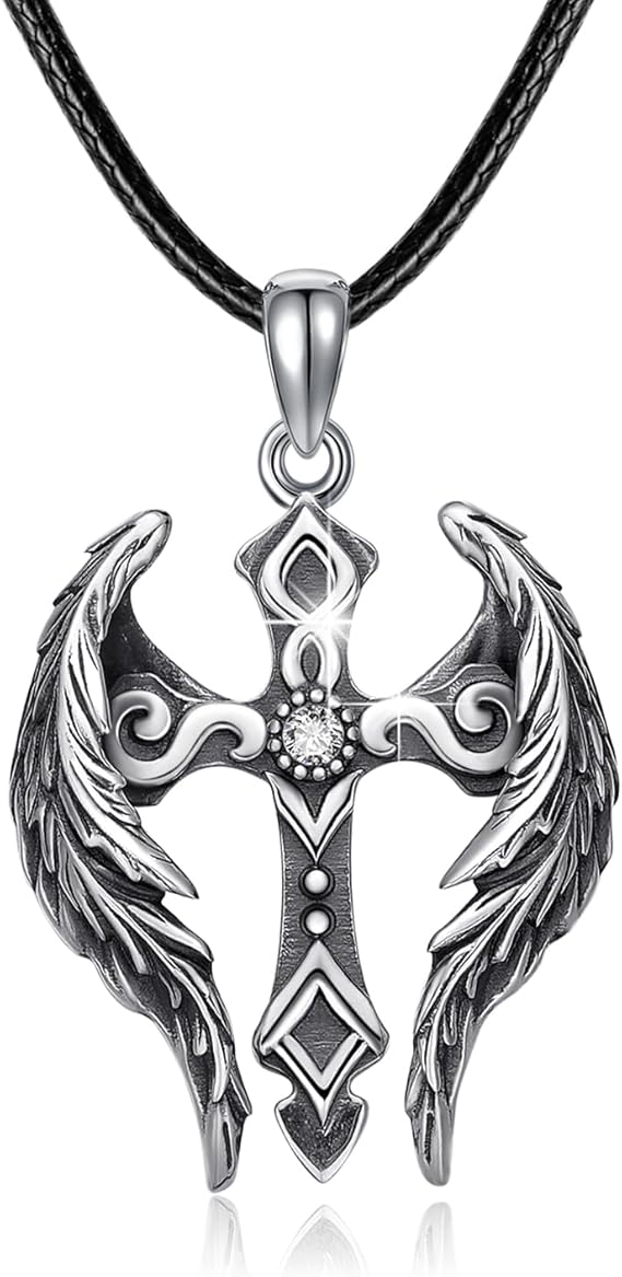 天使之翼十字架项链 925 纯银守护天使吊坠男士十字架项链锆石时尚
